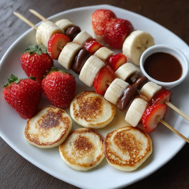 Mini-Pancake-Spieße mit Erdbeeren, Banane und Schokolade auf einem Teller
