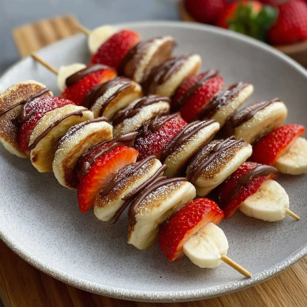Mini-Pancake-Spieße mit Erdbeeren, Banane, Schokolade