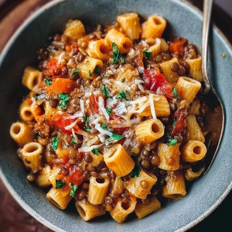 Einfache One-Pot-Pasta mit Linsen in einer rustikalen Schüssel serviert
