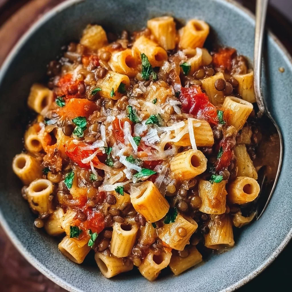 Einfache One-Pot-Pasta mit Linsen in einer rustikalen Schüssel serviert