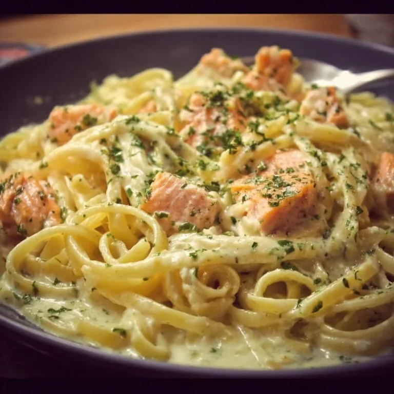 Pasta mit Lachs in cremiger Sauce auf einem Teller mit frischen Kräutern.