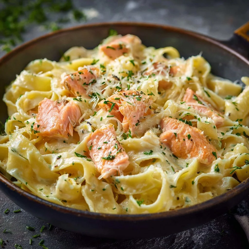 Pasta with salmon in creamy sauce