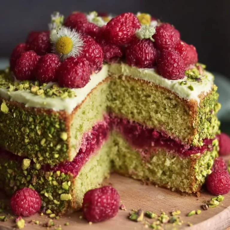 Saftiger Pistazien-Himbeer-Kuchen mit frischen Himbeeren und Pistazien.