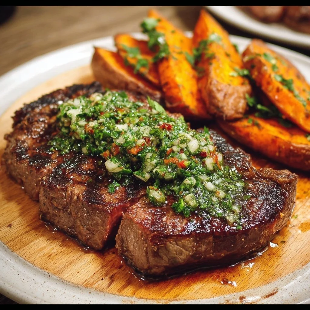 Saftiges Ribeye-Steak mit Süßkartoffeln und Chimichurri auf einem Teller
