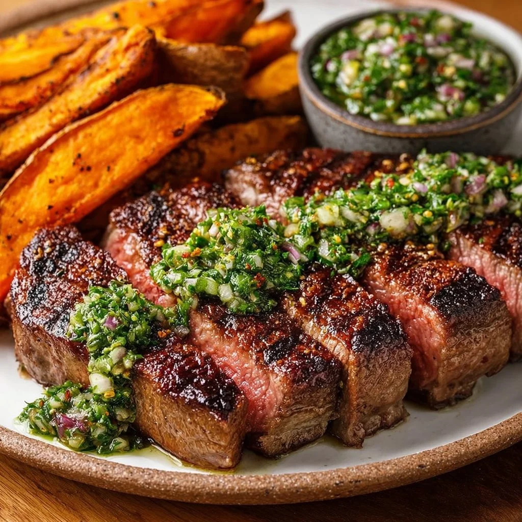 Saftiges Ribeye-Steak mit Süßkartoffel und Chimichurri