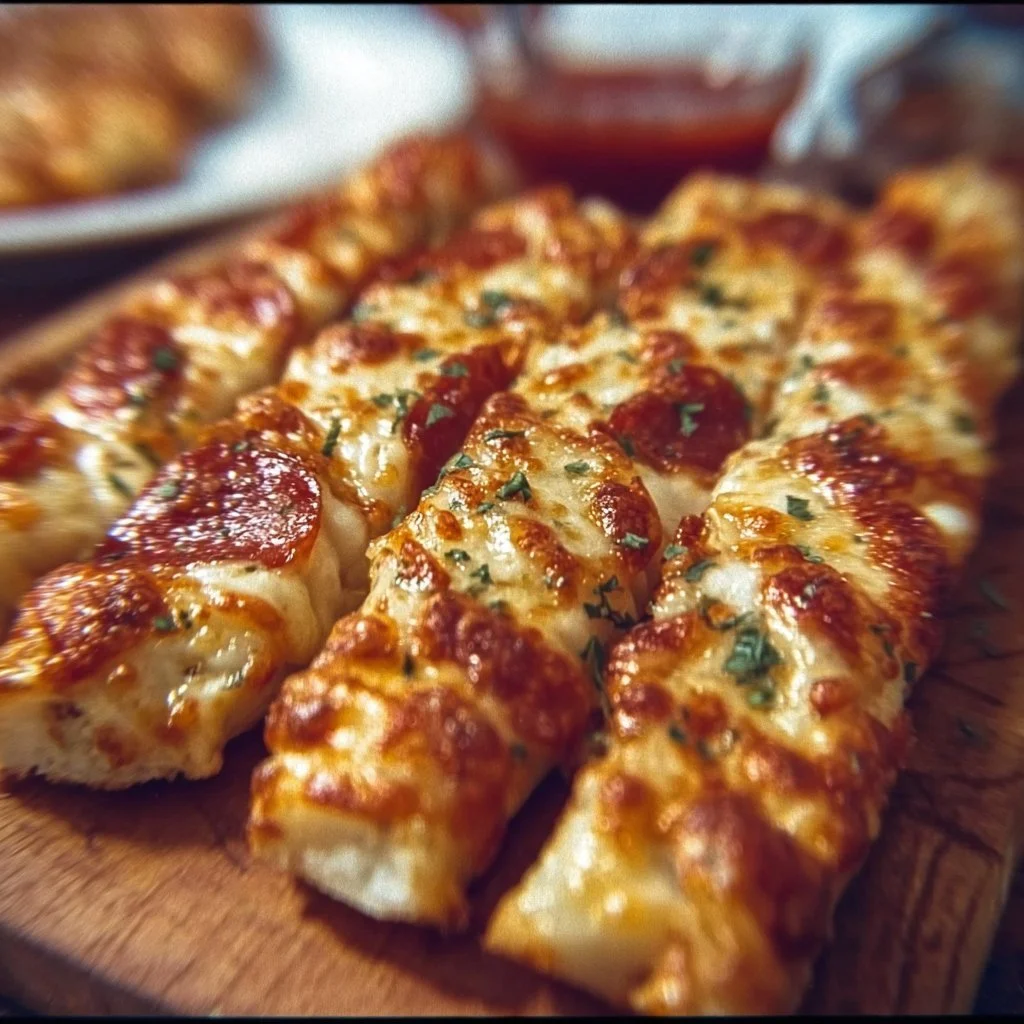 Schnelle Pizzastangen auf einem Teller mit Gewürzen und Dips.