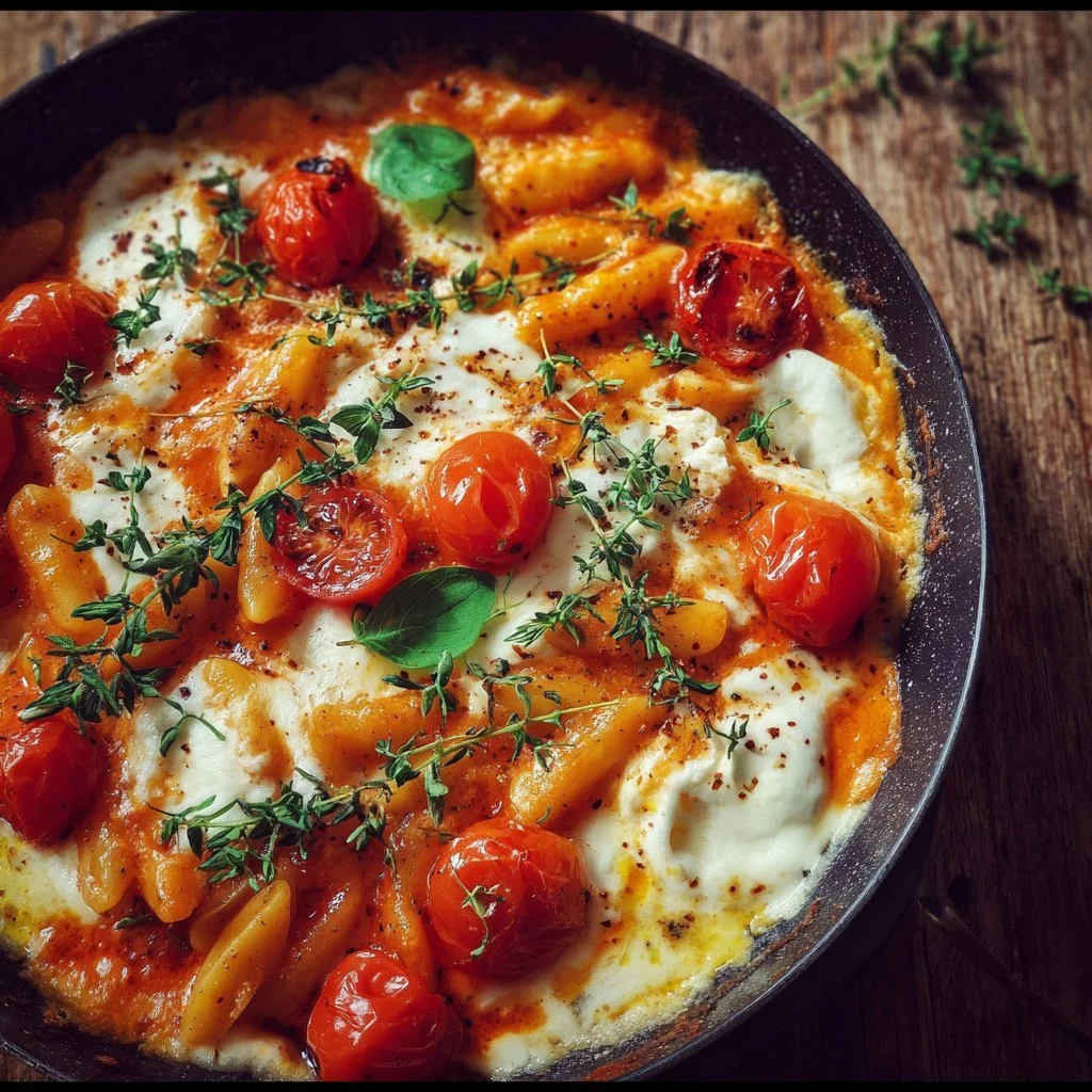 Schupfnudeln mit Tomaten und Mozzarella auf einem Teller serviert