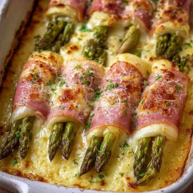 Überbackene Spargel-Schinken-Röllchen aus dem Ofen, serviert auf einem Teller