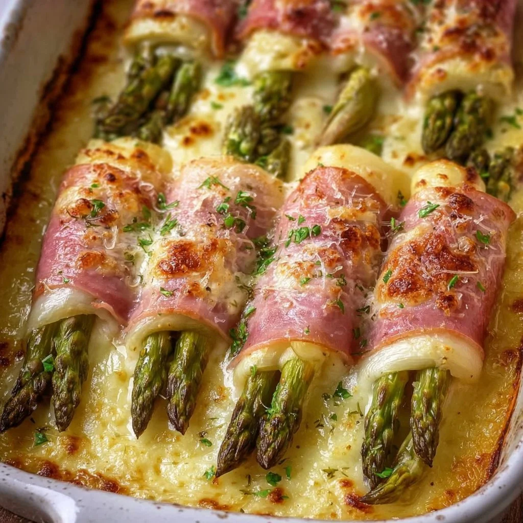 Überbackene Spargel-Schinken-Röllchen aus dem Ofen, serviert auf einem Teller