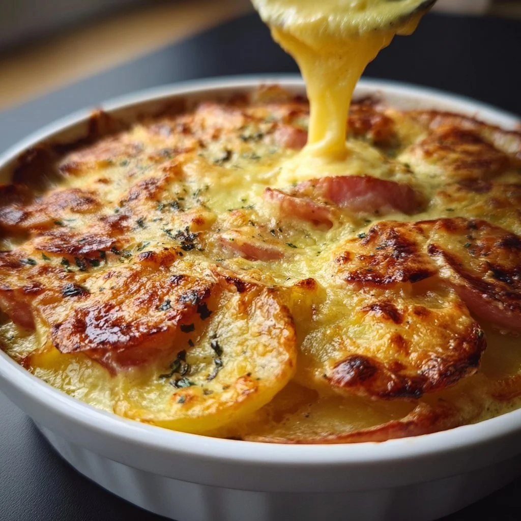 Überbackenes Kartoffelgratin nach Mama's Rezept, golden und köstlich serviert.