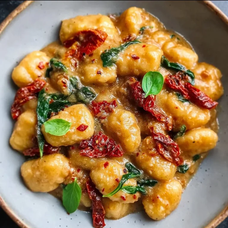 Vegane Gnocchi mit sonnengetrockneter Tomatensauce auf einem Teller.