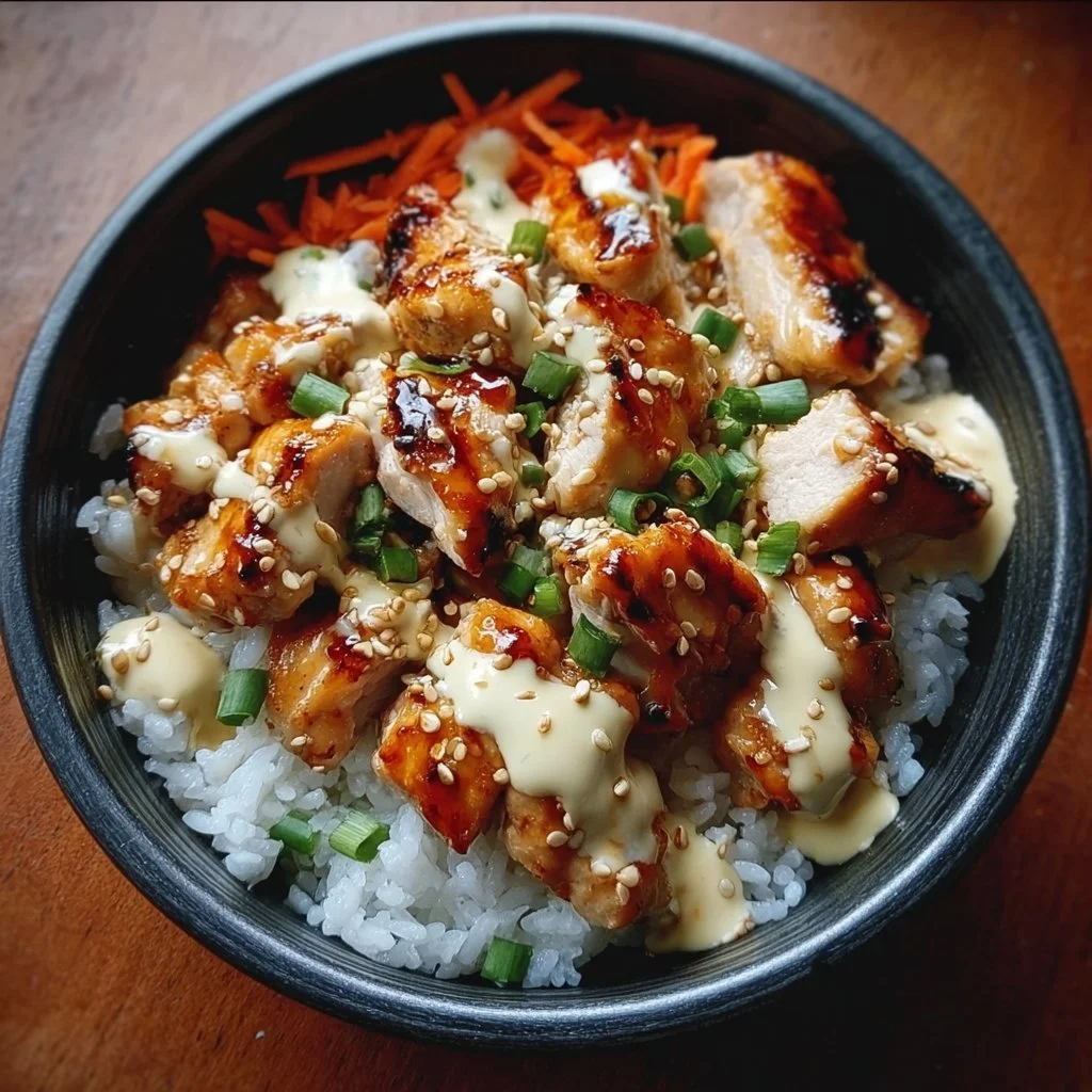 Würzige Hähnchen Bowl mit cremiger Soße auf einem Teller serviert