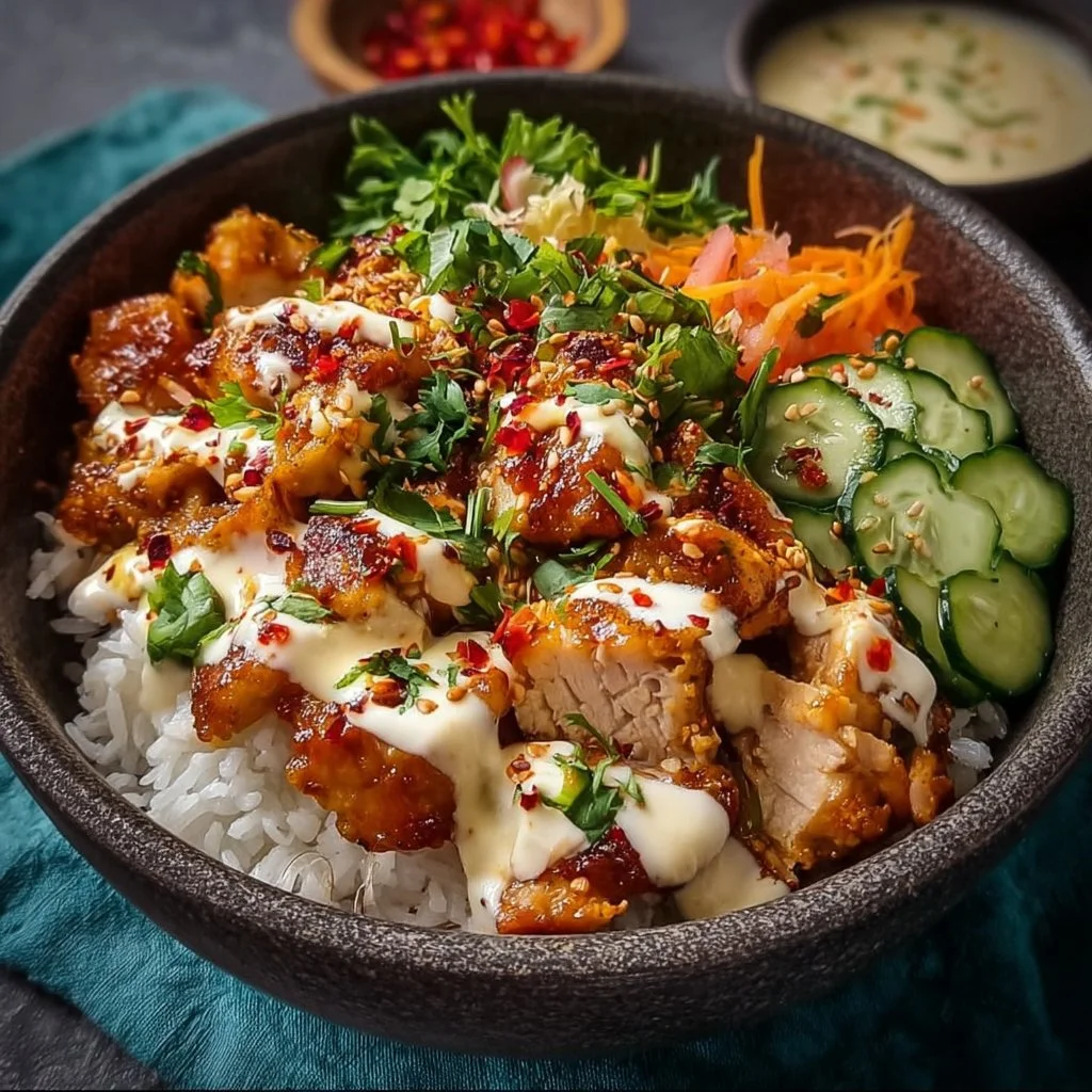 Würzige Hähnchen Bowl mit cremiger Soße