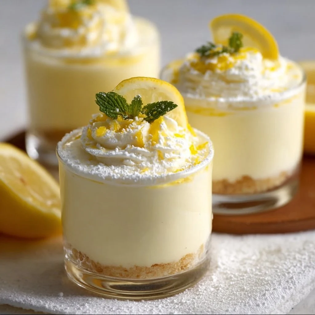 Zitronen Mousse Cheesecake Becher mit frischer Zitrone und Sahne dekoriert