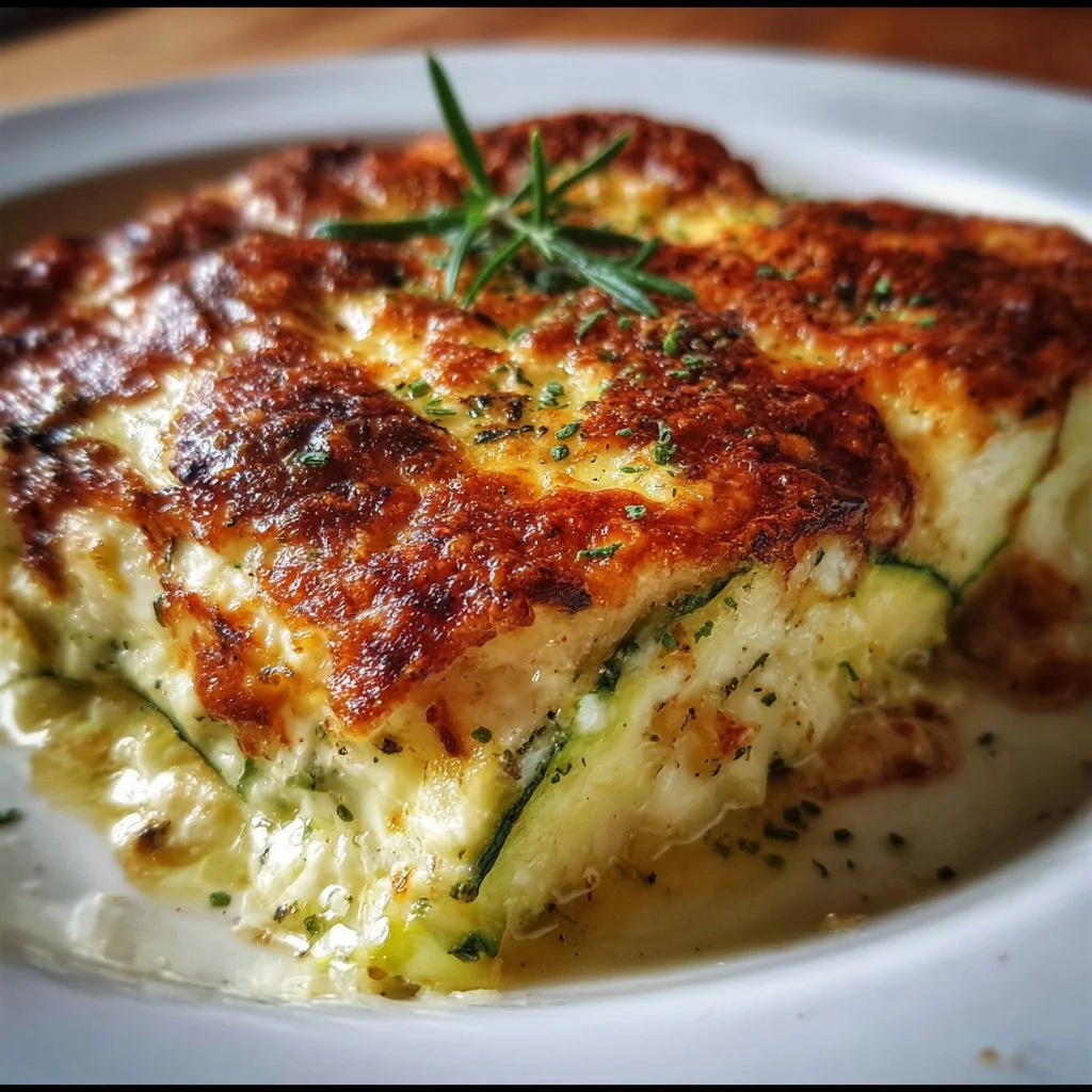 Zucchini-Hüttenkäse-Auflauf frisch aus dem Ofen