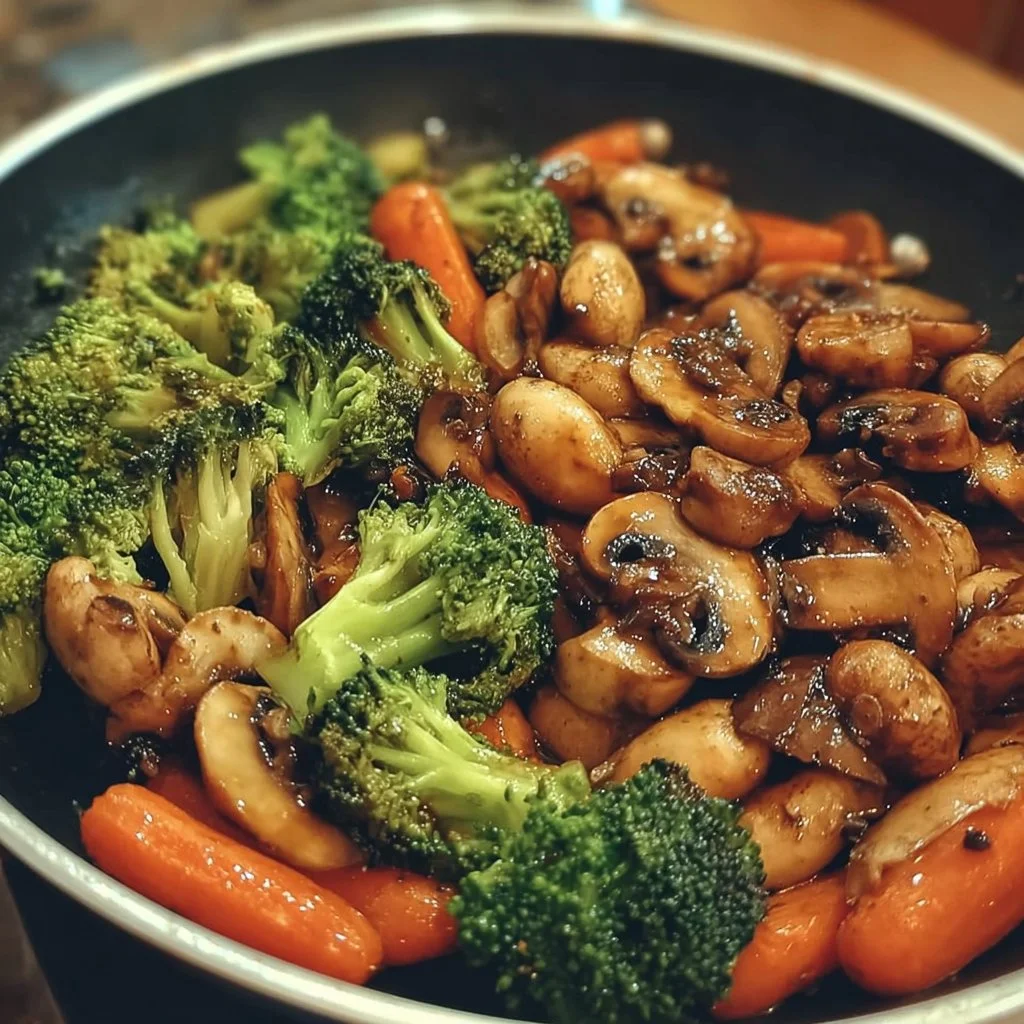 Schnelle Pfanne mit Champignons, Brokkoli und Karotten für eine gesunde Mahlzeit