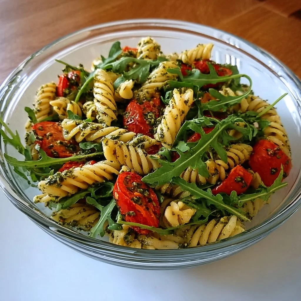 Bester italienischer Nudelsalat mit Rucola und Pesto in einer Schüssel