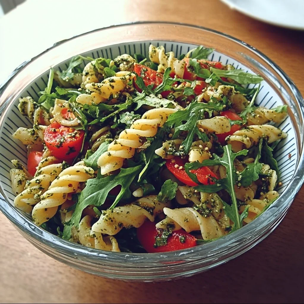 Italienischer Nudelsalat mit Rucola und Pesto, frisch und appetitlich angerichtet.