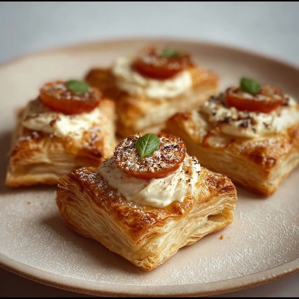 Vegane Blätterteigteilchen mit Frischkäsefüllung auf einem Tablett