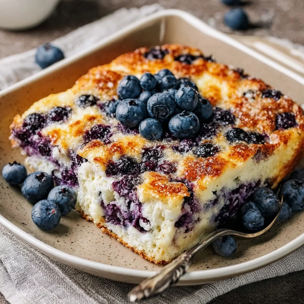 Blaubeer-Hüttenkäse Frühstücksbake mit frischen Blaubeeren und gesundem Hüttenkäse