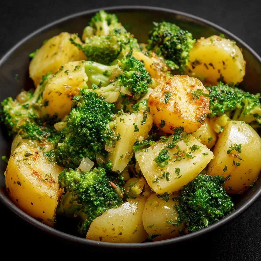 Gesunde Brokkoli-Kartoffeln mit Gewürzen auf einem weißen Teller
