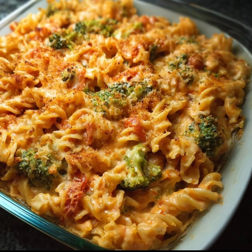 Brokkoli Nudelauflauf mit Tomaten-Käsesoße frisch aus dem Ofen