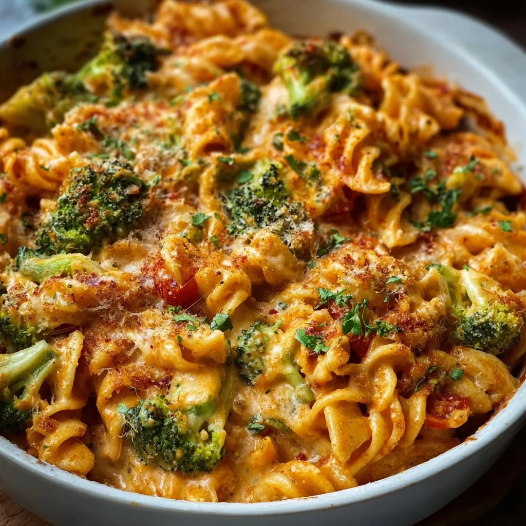 Brokkoli Nudelauflauf mit Tomaten-Käsesoße