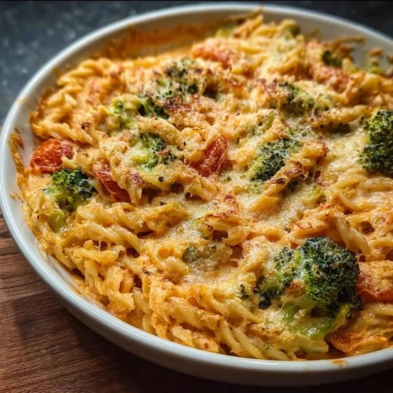 Brokkoli Nudelauflauf mit Tomaten-Käsesoße auf einem Teller serviert