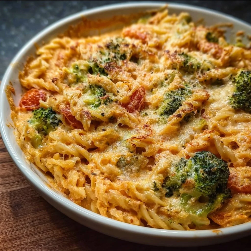 Brokkoli Nudelauflauf mit Tomaten-Käsesoße auf einem Teller serviert
