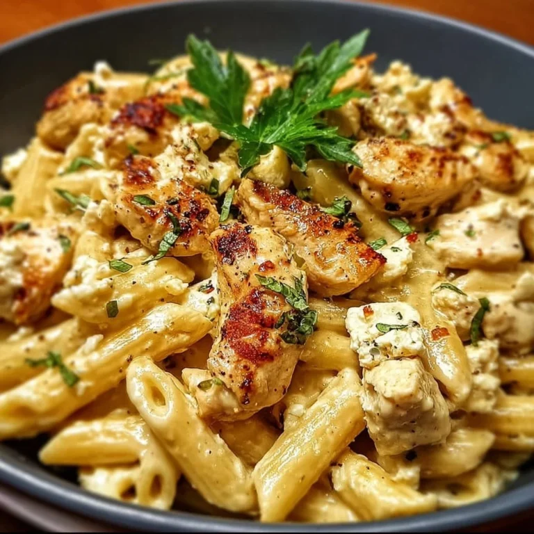 Cremige Hähnchen Feta Pasta mit frischen Zutaten serviert