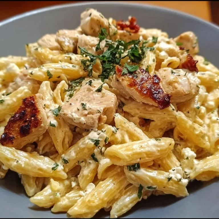 Cremige Hähnchen Feta Pasta auf einem Teller serviert