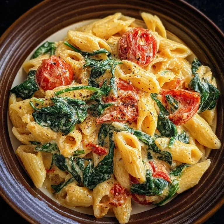 Cremige Nudeln mit Tomaten und Spinat in einer leckeren Sauce