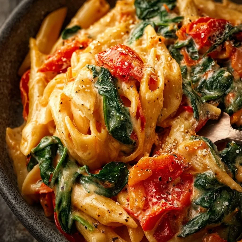 Cremige Nudeln mit Tomaten und Spinat