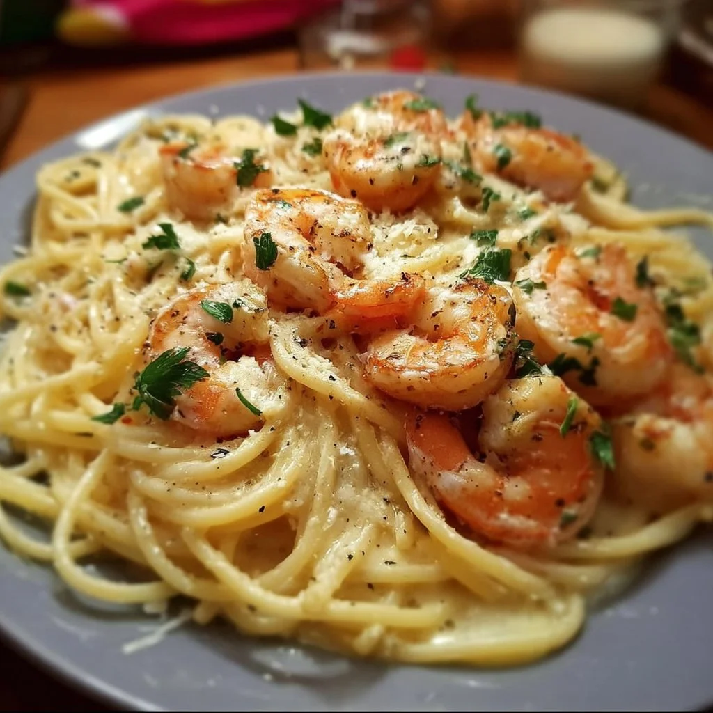 Cremige Spaghetti mit Garnelen in einer leckeren Frischkäsesauce auf einem Teller