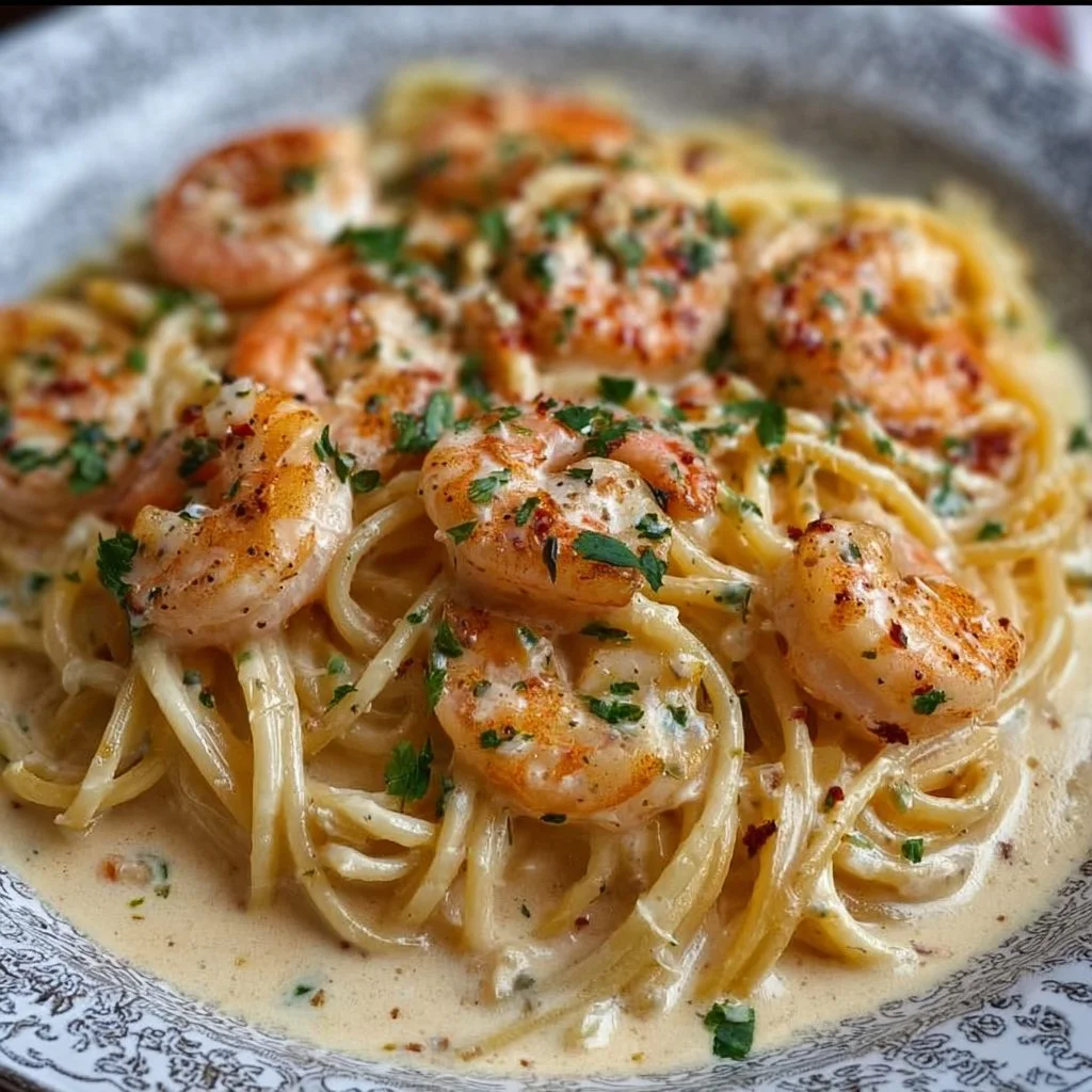 Cremige Spaghetti mit Garnelen in Frischkäsesauce