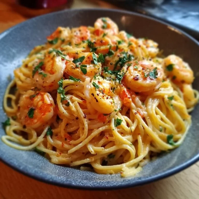 Cremige Spaghetti mit Garnelen in Frischkäsesauce auf einem Teller serviert