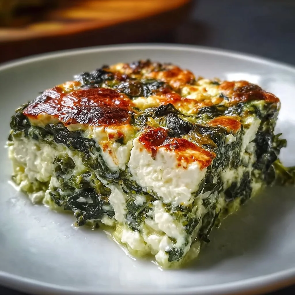 Cremiger Feta-Spinat-Auflauf auf einem Teller serviert