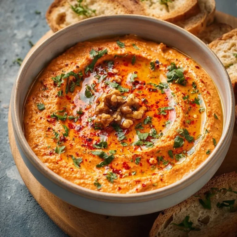 Cremiger rote Paprika Walnuss Dip mit seidenweicher Textur in einer Schüssel