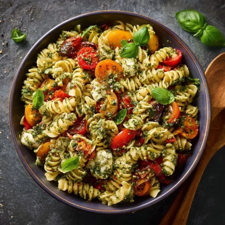 Mediterraner Nudelsalat mit Pesto, ideal für Sommerfeiern