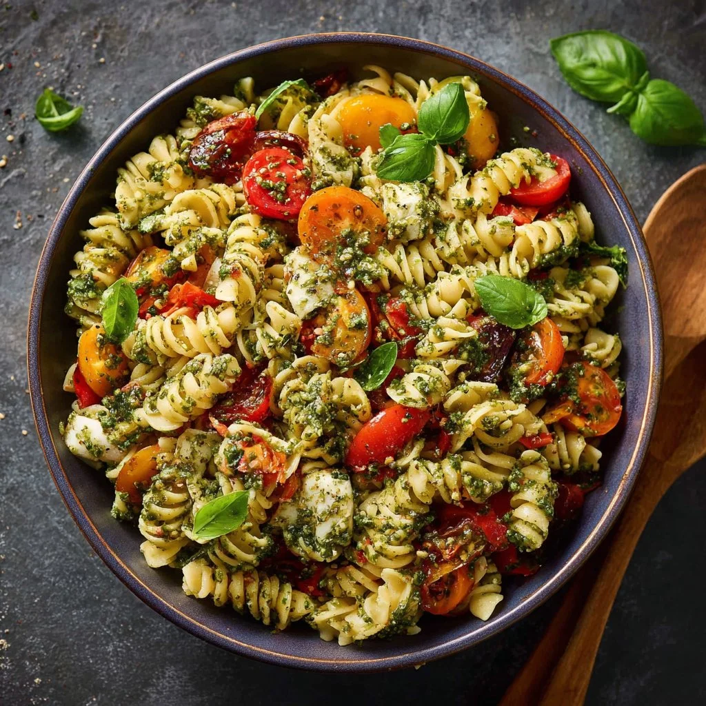 Mediterraner Nudelsalat mit Pesto, ideal für Sommerfeiern