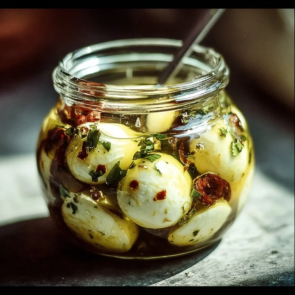 Eingelegter Mozzarella in aromatischem Öl und Kräutern