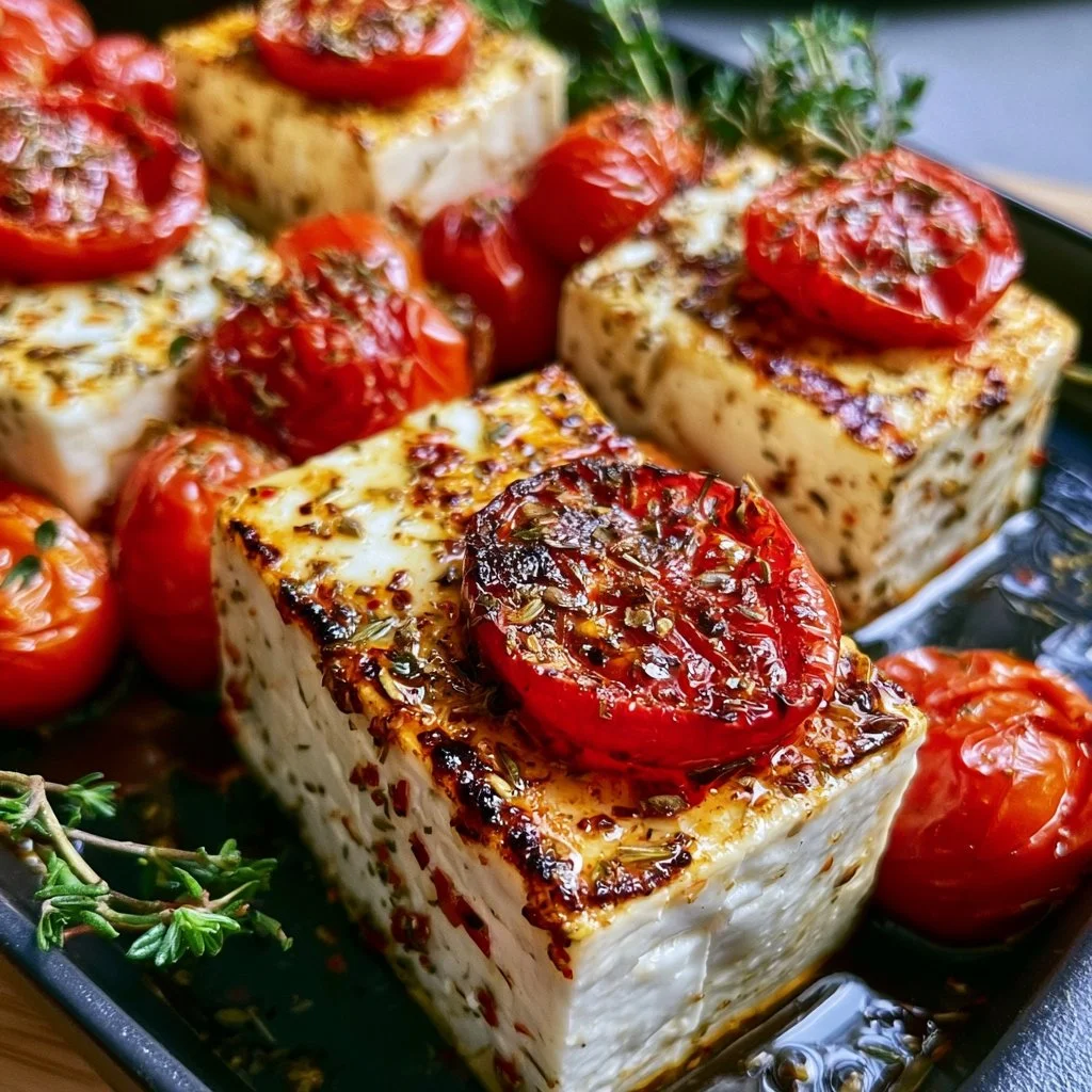 Feta vom Grill mit frischen Tomaten und Kräutern auf einem Teller