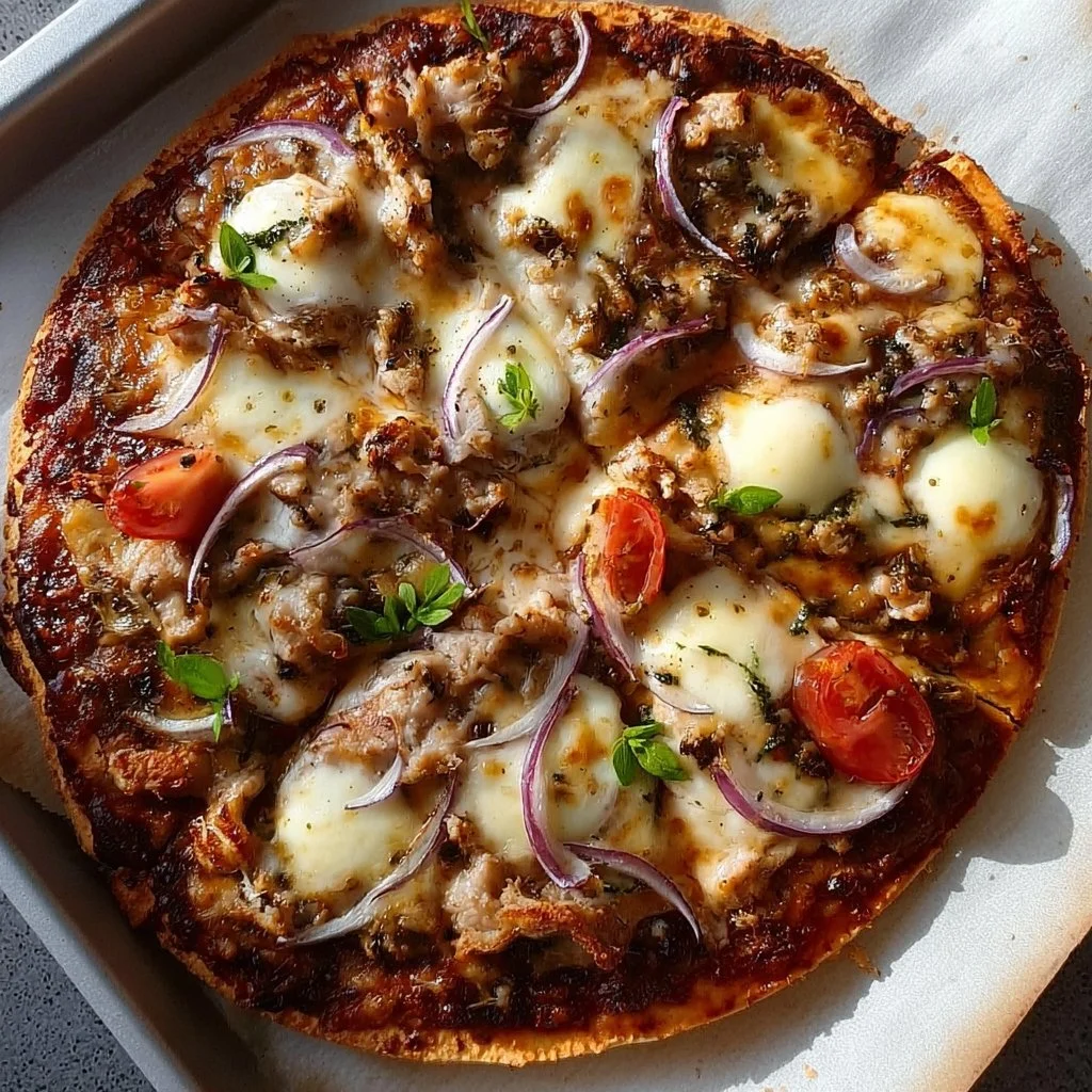 Fitnesspizza mit Skyr auf einem Teller, köstlich und gesund.