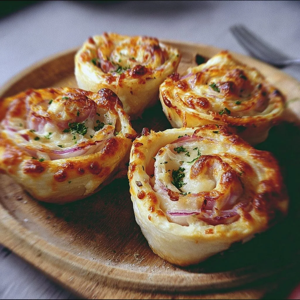 Leckere Flammkuchen-Snackrolle mit verschiedenen Belägen und krossem Teig