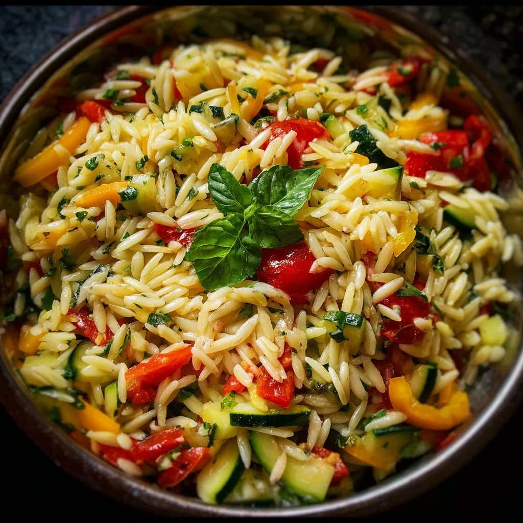 Frischer Orzo Salat mit Gemüse und Kräutern, serviert in einer Schüssel.