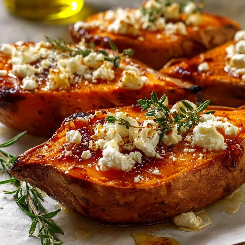Gebackene Süßkartoffeln mit Honig und Feta