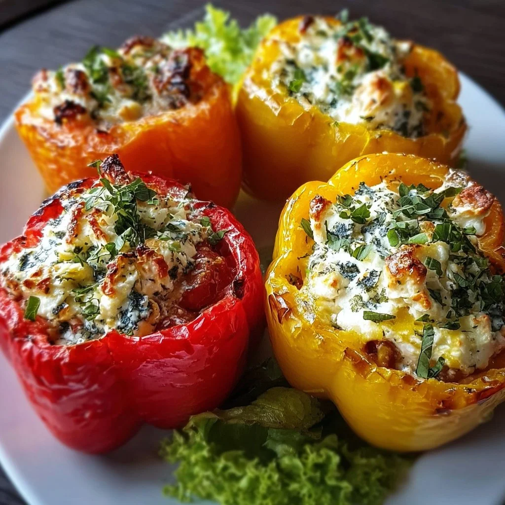 Gefüllte Feta-Paprika auf einem Teller, lecker und appetitlich angerichtet.
