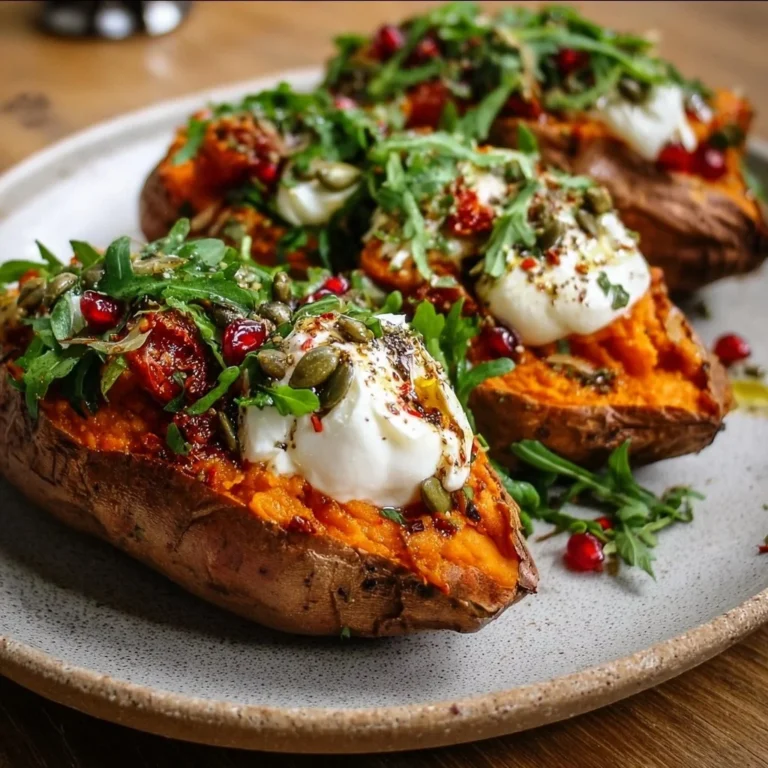Gefüllte Süßkartoffeln mit Burrata auf einem Teller, dekoriert mit frischen Kräutern.