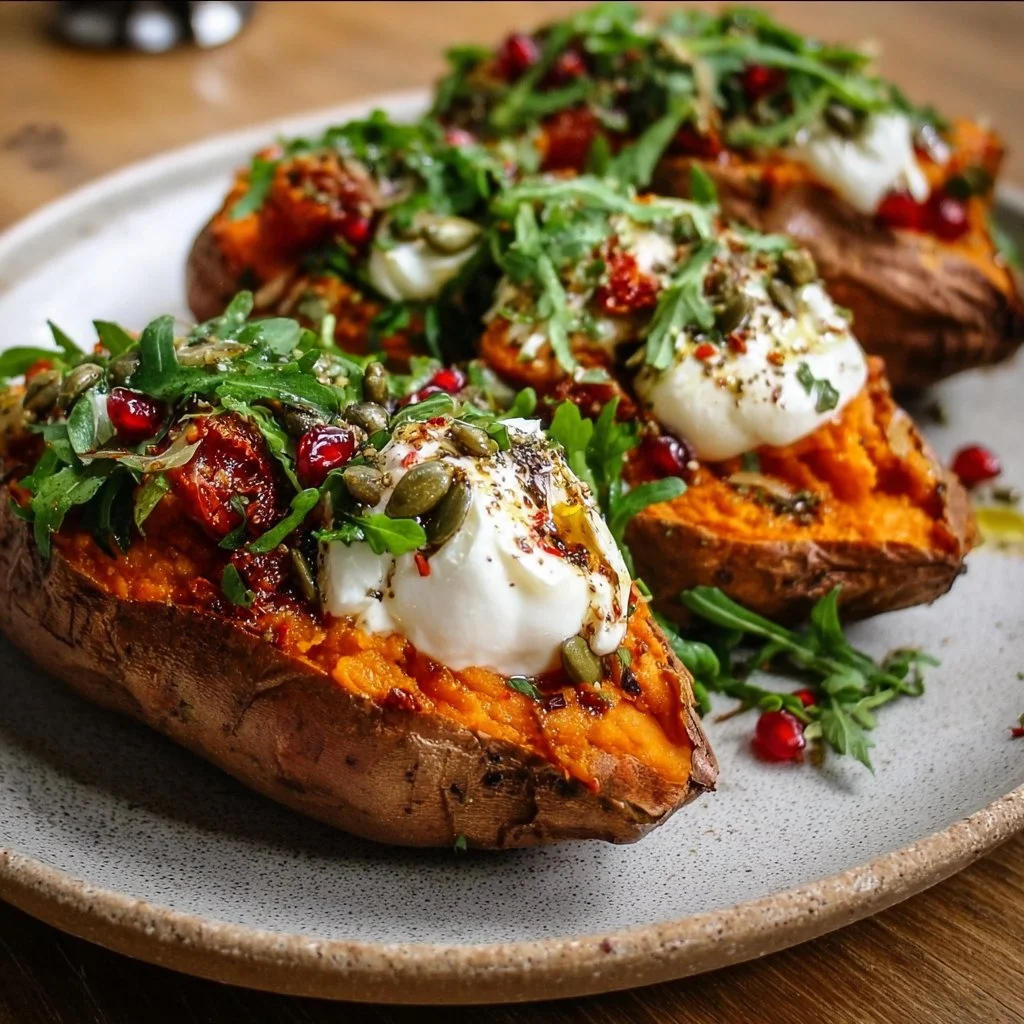 Gefüllte Süßkartoffeln mit Burrata auf einem Teller, dekoriert mit frischen Kräutern.