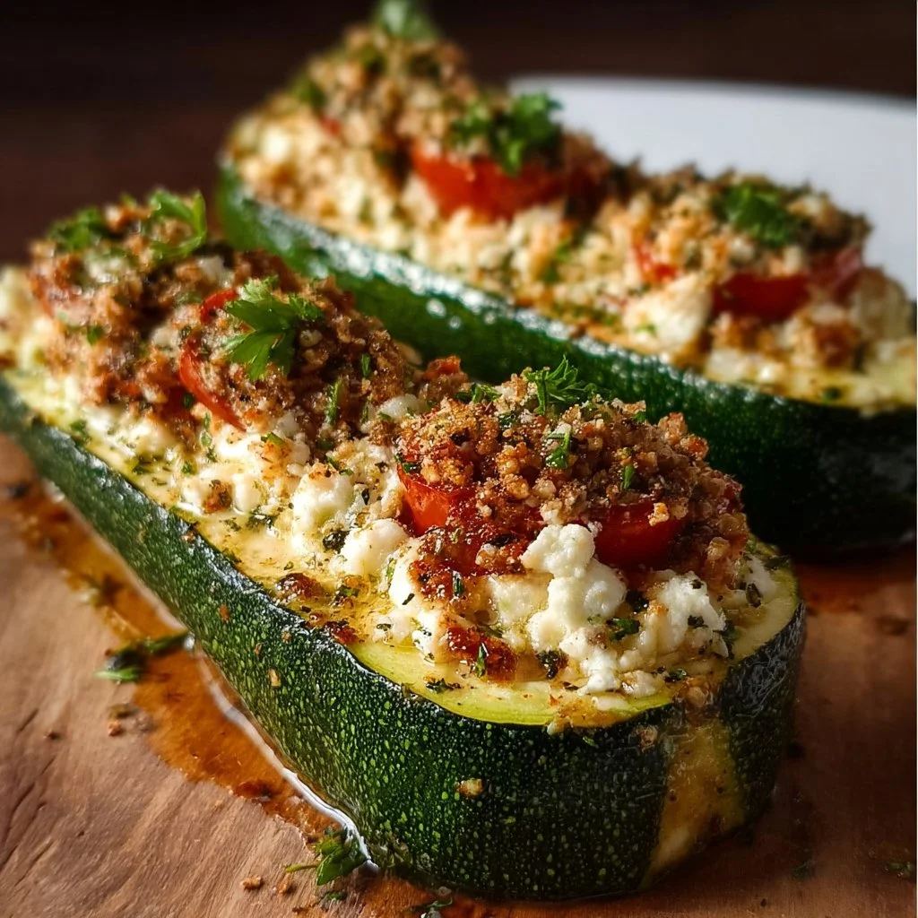 Gefüllte Zucchini mit Feta auf einem Teller, dekorativ angerichtet.